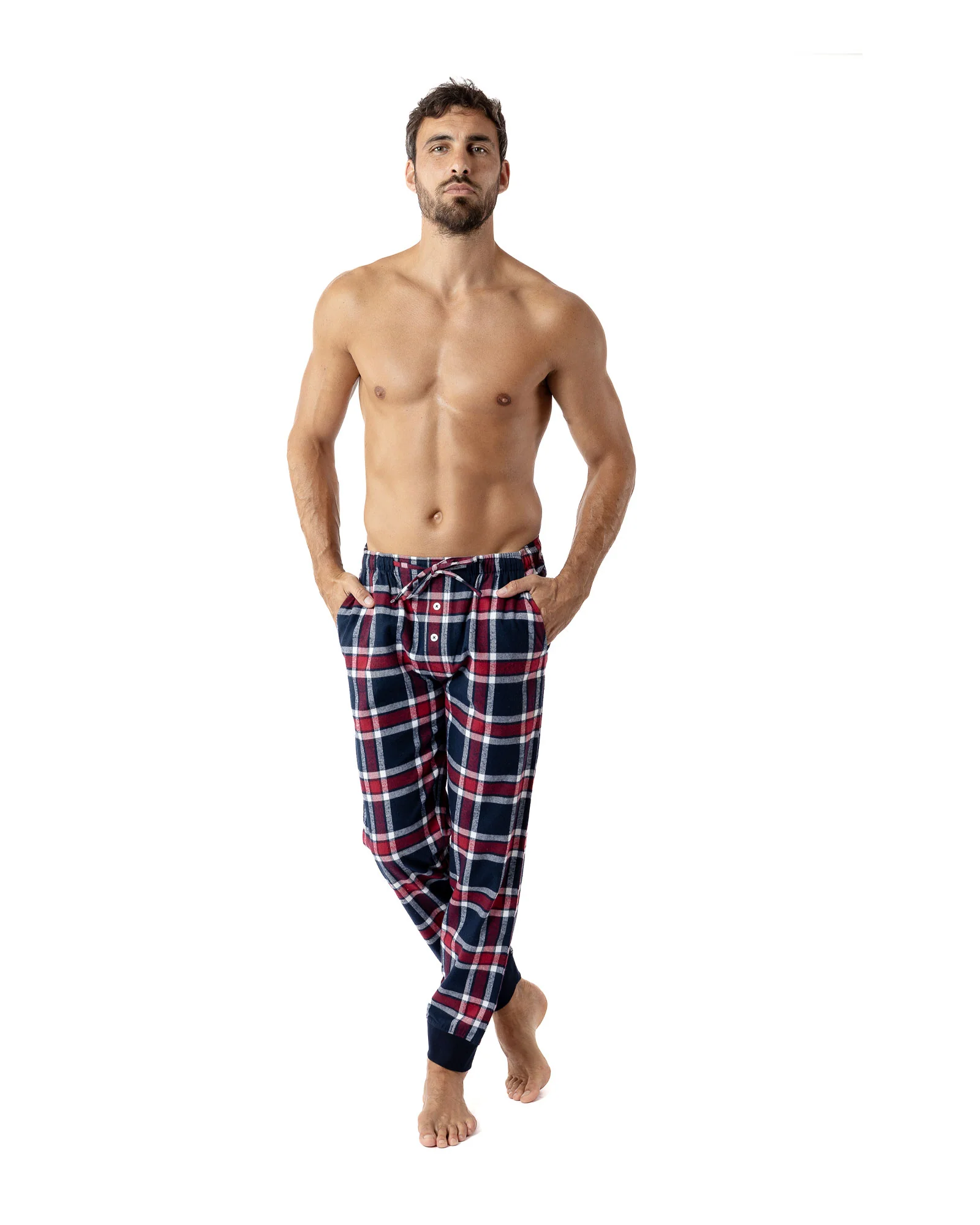 Pantalon d'intérieur en Flanelle à Carreaux Pur Coton Marine et Rouge H801 – Image 3